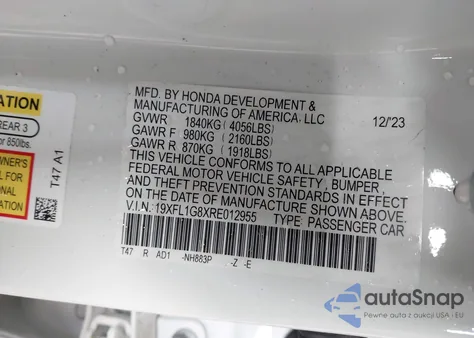 2024 Honda Civic Sport Touring из США, поврежденный, VIN 19XFL1G8XRE012955